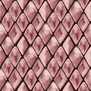 Seamless pattern watercolor geometric red rhombus on burgundy background. Hand drawn rhomb diamond geometrical illustration. For texture, textile, design, wallpaper, wrapping paper