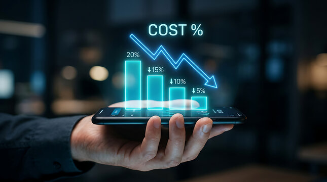 Cost reduction concept: Hand holding smartphone displaying decreasing financial chart and graph