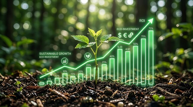 Green sapling growing from soil with glowing financial graph and ROI