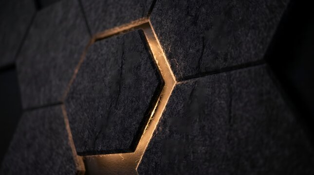 Abstract dark hexagon pattern with glowing gold light lines for premium luxury background design
