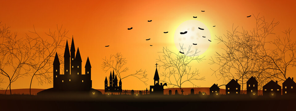 Spooky Halloween Castle Silhouette Landscape at Sunset