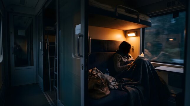 Woman relaxing in a cozy train compartment at night, reading a book during a long journey.