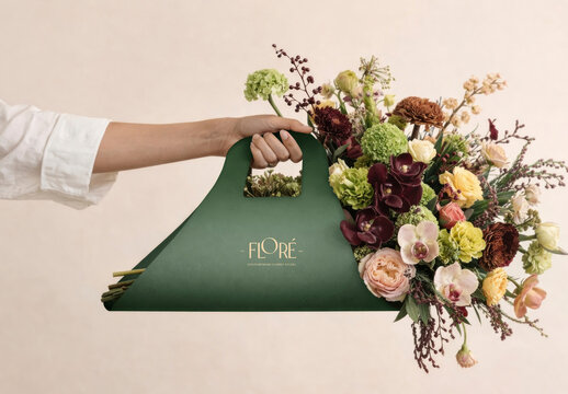 Woman Holding Floral Packaging Mockup PSD With Elegant Bouquet Arrangement