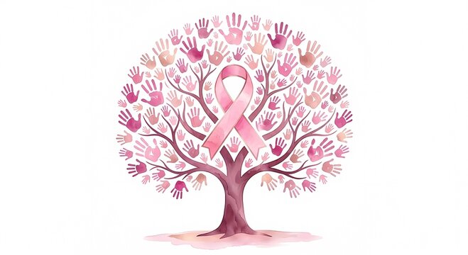 Breast cancer awareness concept with watercolor tree and pink ribbon symbol