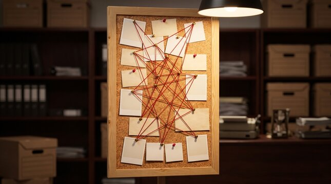 Vertical detective evidence board under overhead lamp with red string and blank polaroid frames, conspiracy pinboard in dark archive precinct for unsolved crime mystery investigation mockup banner
