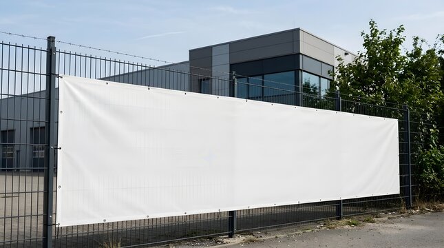 Blank White Advertising Banner Mockup Mounted on a Metal Fence in an Industrial Area