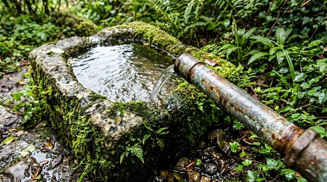 Fresh Water Flows From Rusty Pipe Into Moss-Covered Basin Surrounded By Greenery