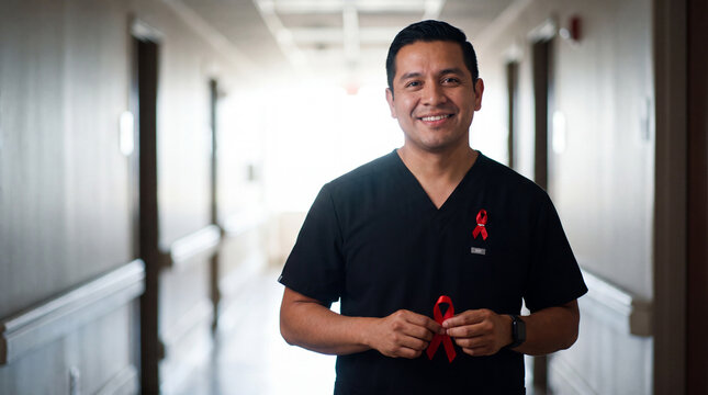 A Latino nurse in black scrubs holds a red ribbon in a long corridor, capturing quiet dignity for World AIDS Day awareness campaign visuals.