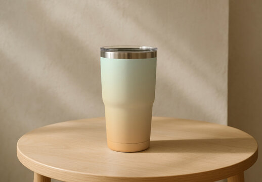 Minimal Tumbler Mockup PSD On Wooden Table In Warm Neutral Studio Scene