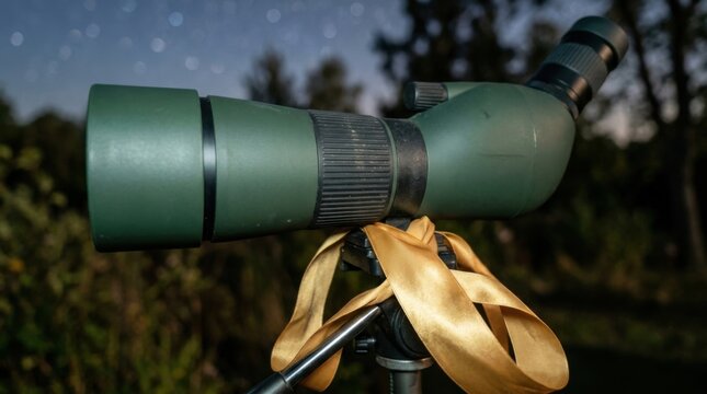 Green spotting telescope with ribbed rubber focus collar and golden satin ribbon against a starry evening sky.