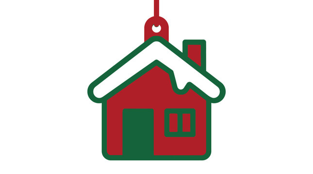 Red and green holiday house ornament dangling with snowy roof against white background