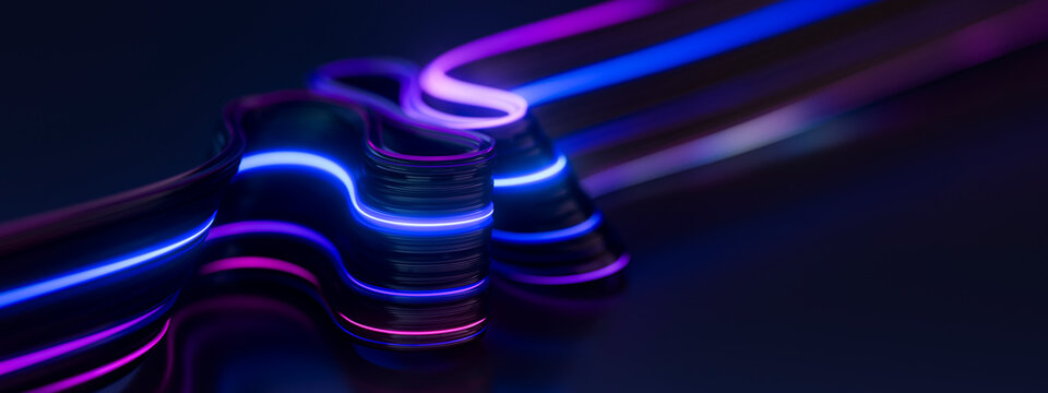 Sculptural 3D Luminous Ribbon with Smooth Electric Blue and Violet Light Flow