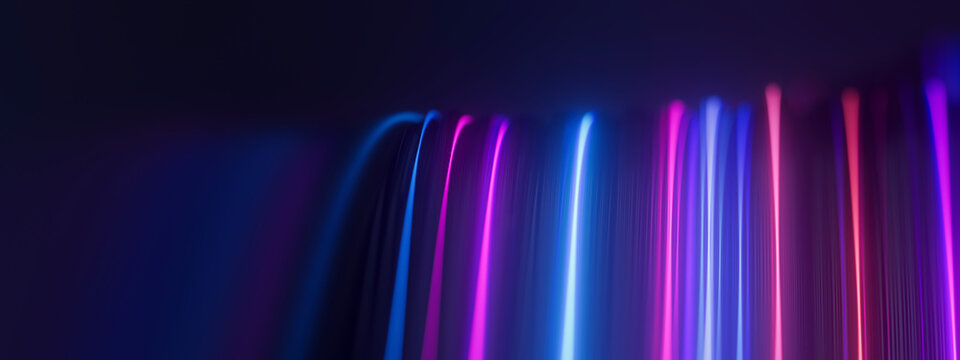 Vertical glowing pink and blue light trails suggesting digital transmission, dark 3D technology wallpaper