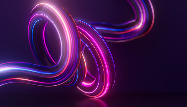 Glowing spiral ribbon with overlapping pink and blue loops, immersive 3D cyber technology artwork