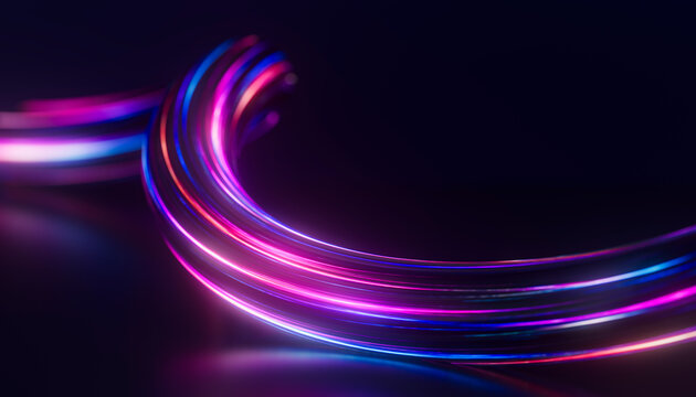 Continuous luminous ribbons tracing a graceful arc in dark digital space, abstract 3D visualization