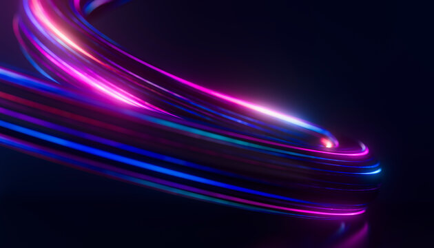 Close up of folded neon light strands with vivid violet and cyan highlights, abstract 3D texture