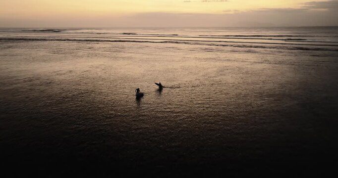 Aerial view of Plengkung Beach with gentle waves rolling onto the shore during golden hour in Tegaldlimo, East Java, Indonesia.