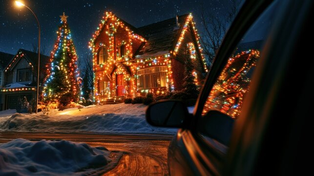 Christmas Illuminated Brick House and Tree Seen From Car