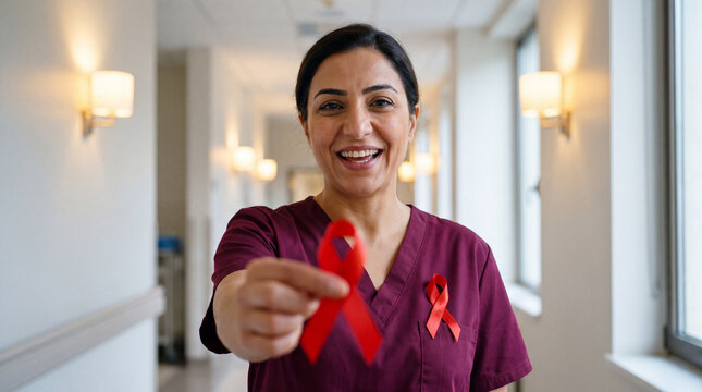 A Middle Eastern doctor in burgundy scrubs extends a red ribbon with a confident smile, perfect for World AIDS Day support and care posters.