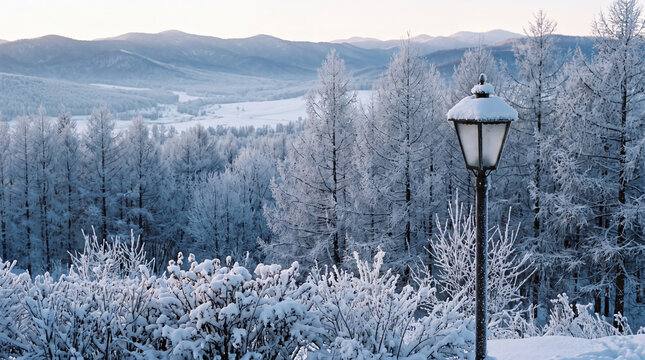 A snow-laden lamp post beside frosted bushes overlooks a misty mountain valley, creating a calm winter atmosphere for social media posts.