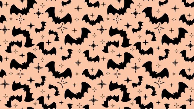Seamless looping animated Halloween pattern featuring black bats and sparkling stars scrolling diagonally on a light orange background. Perfect for festive holiday and cute spooky season designs.