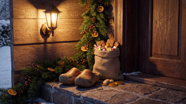 A glowing wall lamp illuminates wooden shoes, a treat bag and pine garland by the doorway, ideal for welcoming St. Nicholas Day campaign visuals.
