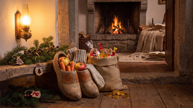 Knitted socks drape over wooden shoes beside a gift bag of candy and pine branches, bringing nostalgic St. Nicholas Day warmth to banners.