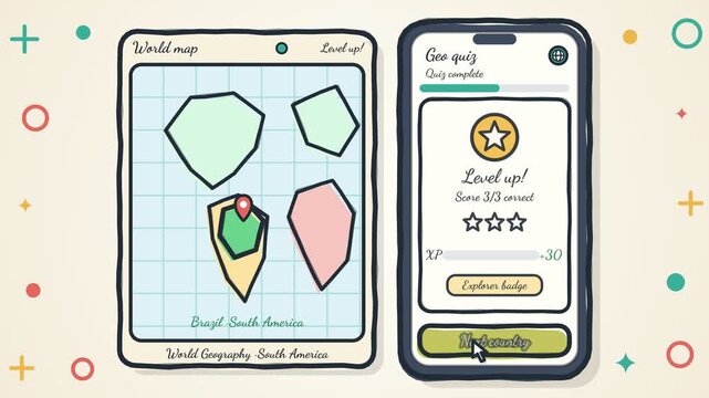 Educational Geography Quiz App Animation Showing World Map Interactive Learning Experience With Gamified User Interface Design For Knowledge Testing