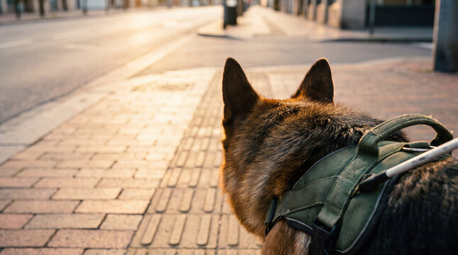 A German shepherd guide dog walks along sidewalk tactile paving in a green harness, symbolizing guidance and inclusion for World Braille Day marketing.