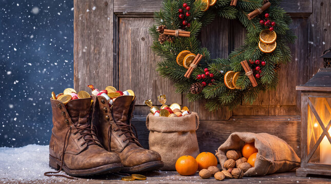 A festive doorway with wooden boots, a treat bag and pine wreath shows falling snow, ideal for magical St. Nicholas Day winter banners.