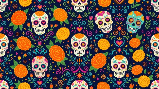 Colorful day of the dead seamless vector pattern