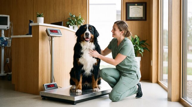 Veterinarian Weighing Large Bernese Mountain Dog on Digital Scale