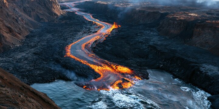 Lava flows violently through rugged, dark volcanic terrain