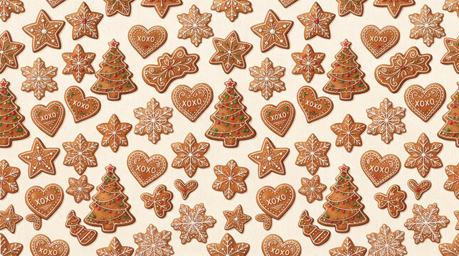 Seamless Christmas gingerbread pattern featuring decorated gingerbread cookies shaped like stars, Christmas trees 