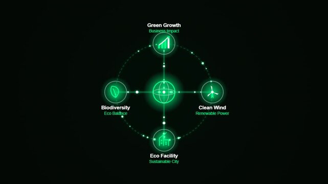 Esg strategy sustainability growth dashboard with green eco icons. 4k