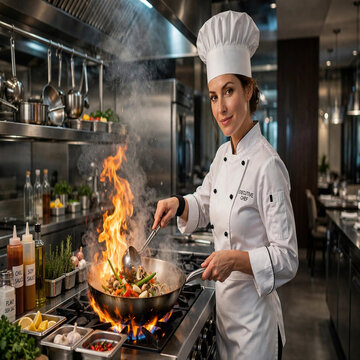 Chef prepares a gourmet meal by flambeing fresh vegetables in a hot pan inside a professional restaurant kitchen.