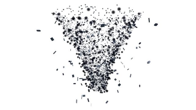A seamless looping 4K 3D motion graphics animation featuring a swirling tornado vortex with mixed particle sizes and chaotic random debris flying around against a clean white background.
