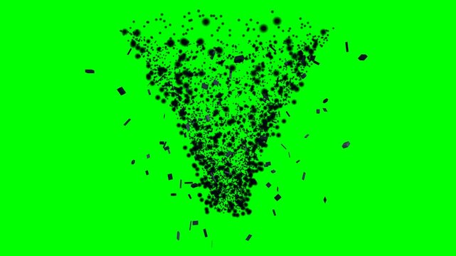 A seamless looping 4K 3D motion graphics animation featuring a swirling tornado vortex with mixed particle sizes and chaotic random debris flying around against a pure chroma key green background.