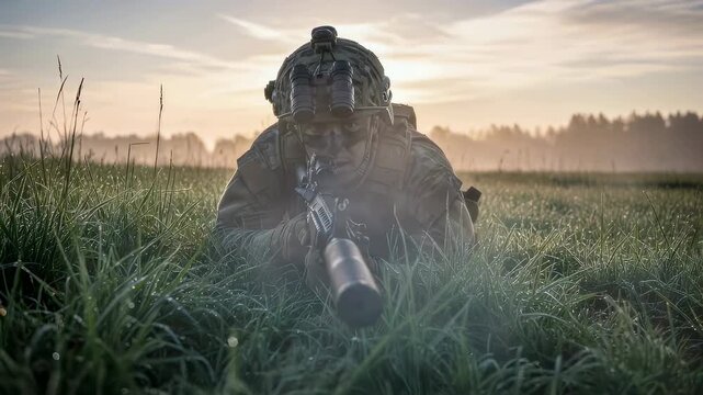 Soldier lying in grassy field aiming rifle. Tactical infantryman fires weapon during military operation. Combat mission in rural landscape at sunrise for defense.