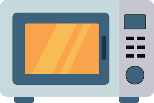 Flat vector illustration of a modern kitchen microwave oven with a digital display panel, buttons, and a glass door, isolated on a white background. Suitable for kitchen appliances, cooking, and food 