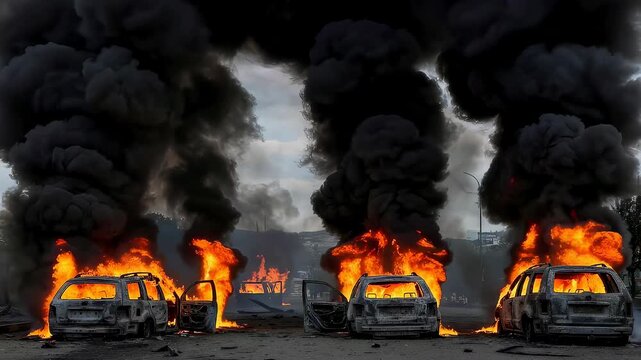 Wrecked burning cars in war zone. Destroyed vehicles engulfed in thick black smoke. Conflict aftermath and disaster scene with fire during military aggression.