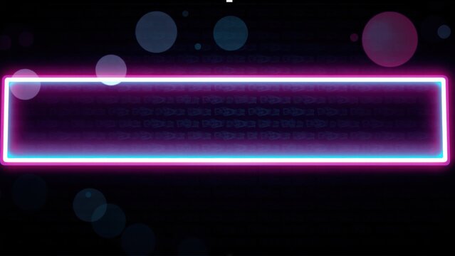 Dark background features glowing pink rectangle, binary code, circular light flares. Modern digital aesthetic, vibrant colors present.