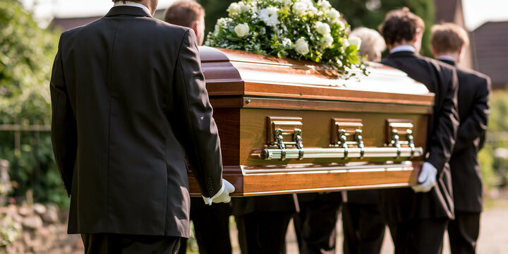 Pallbearers in black suits carry a wooden coffin adorned with white flowers in a funeral procession
