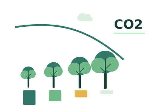 Carbon reduction forest chart with trees and downward CO2 curve