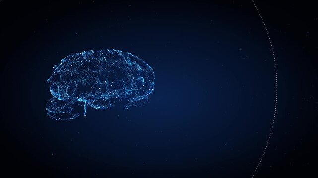 Blue digital brain of glowing particles on dark background with copy space, representing artificial intelligence, neural networks, machine learning, cognition, data processing and future technology.
