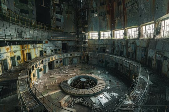 Decaying control room of an abandoned power plant showing rust, peeling paint, and debris, highlighting industrial decline