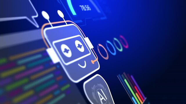 Futuristic AI chatbot assistant with friendly robot, speech bubble and colorful coding interface on blue digital background, illustrating conversational AI, automation and customer support technology.
