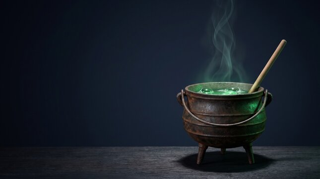 Witch cauldron with bubbling green potion, mystical cast iron pot with magic steam, spooky Halloween brew on dark background