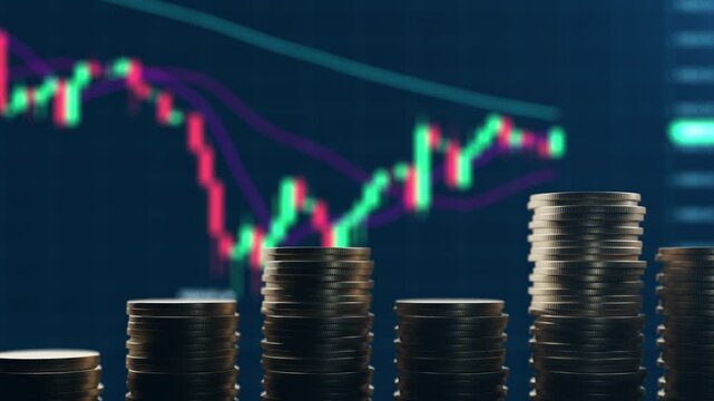 Coins stacked in front of a rising candlestick chart. Crypto investment and market growth