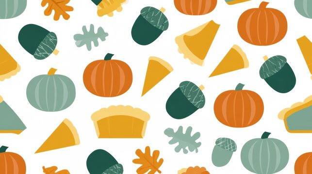 Cute autumn seamless pattern with pumpkins, acorns, and pie slices